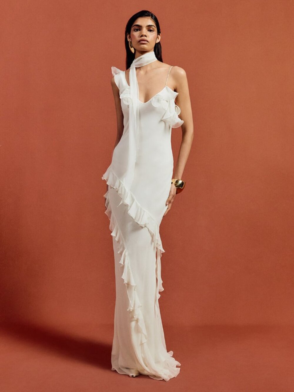 De La Vali Hemera Silk Chiffon Ruffle Scarf-Neck Maxi Dress